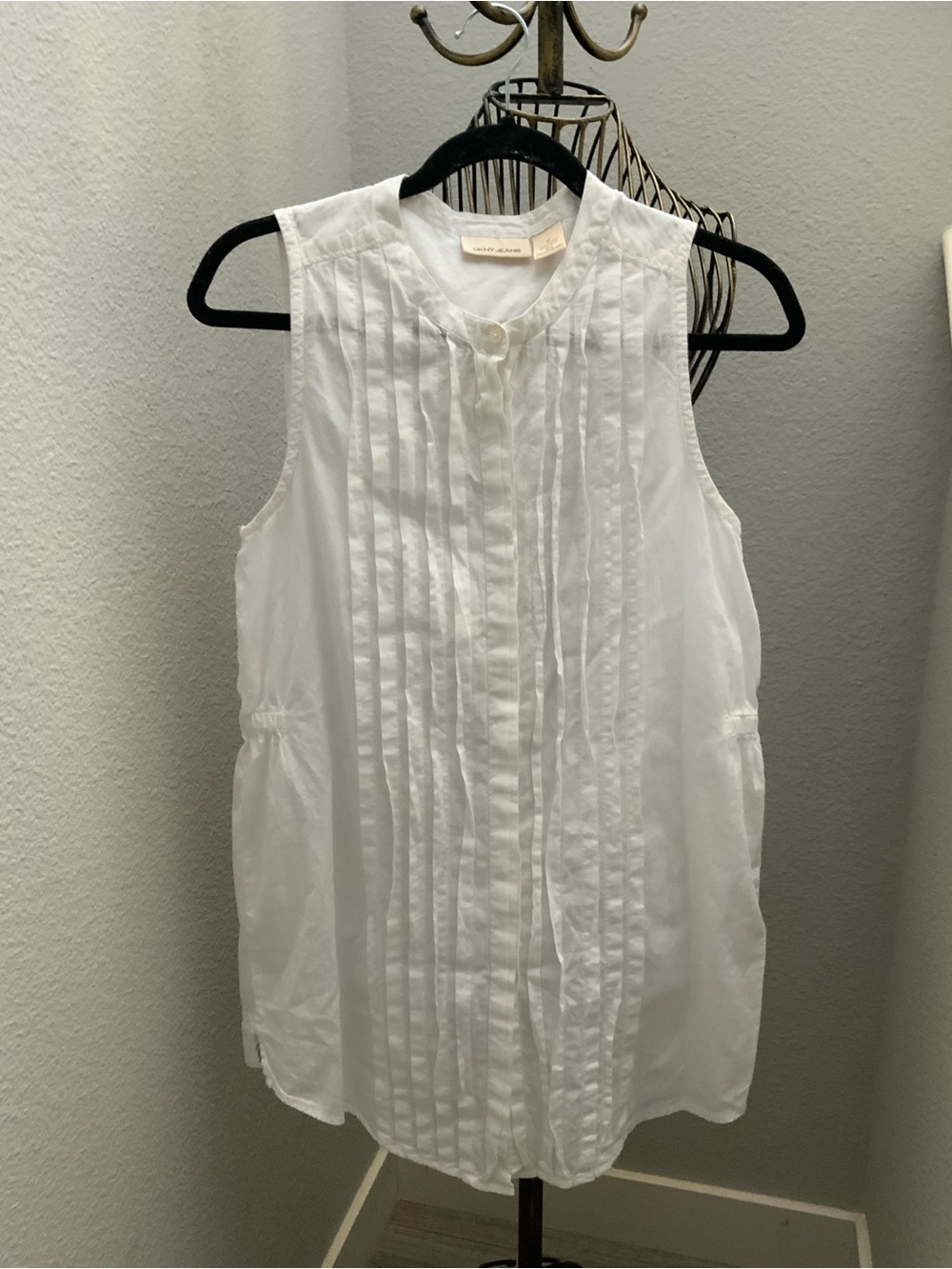 DKNY Sleeveless White Tie-Neck Tunic Cotton Medium Lightweight